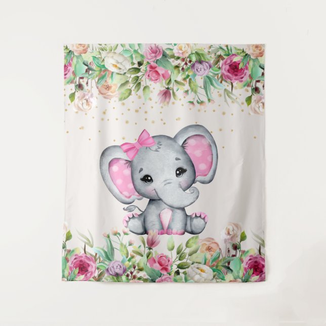 Tapiz Baby Shower Pink Floral Elephant Baby Shower (Anverso)