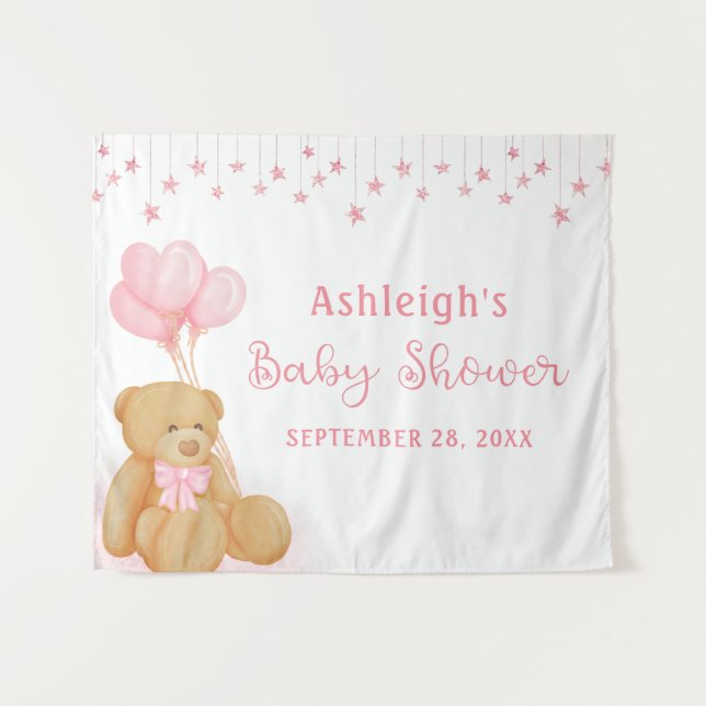 Tapiz Baby Shower Teddy Bear Stars Pink Stars Fondo (Anverso (horizontal))