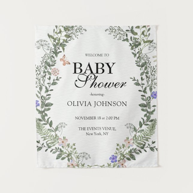 Tapiz Baby Shower Verde Suave Boho Floral Género Neutral (Anverso)