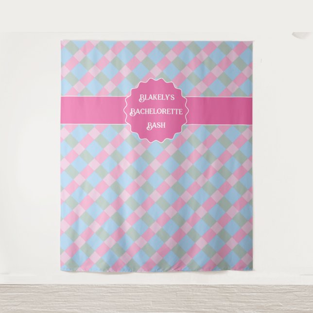Tapiz Bachelorette de guijarro rosa de gingham (Anverso)