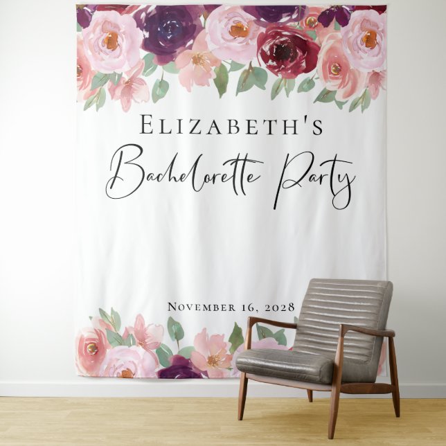 Tapiz Bachelorette Floral Watercolor Burgundy Rubor (In situ)