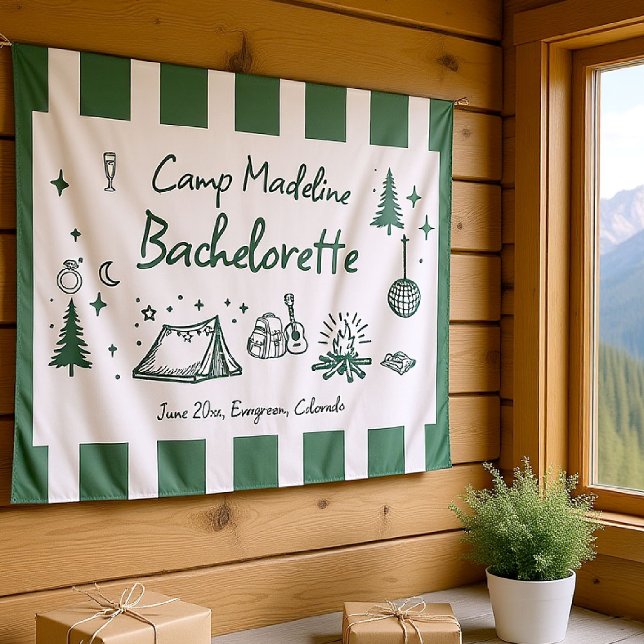 Tapiz Bachillerato de Campo Camping Mano Trae Bienvenida (camp bachelorette banner camping hand drawn written green forest moss girls trip bach stripes)