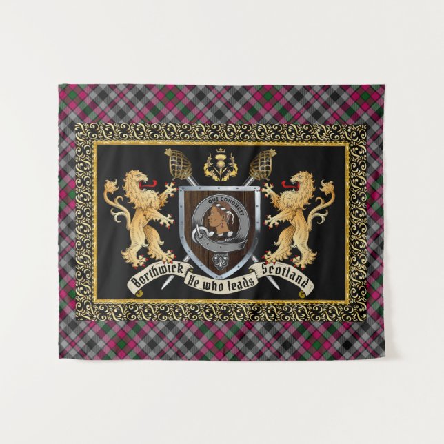 Tapiz Badge y Motto del Clan Borthwick con Leones (Anverso (horizontal))
