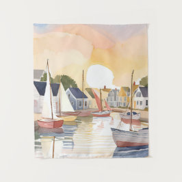Tapiz Bahía de Barcos | Pintura en Acuarela de Océano Co