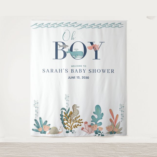 Tapiz Bajo el Mar Acuarela Azul Fiesta de Baby Shower Oh (Anverso)