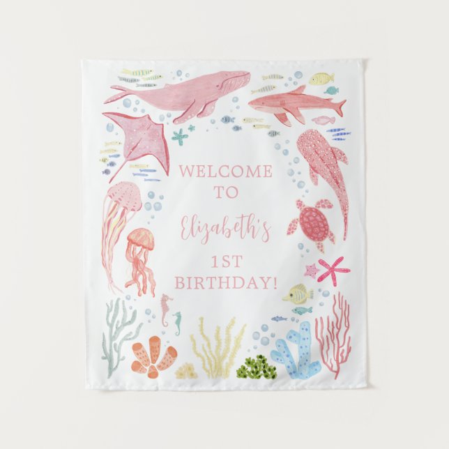 Tapiz Bajo el Mar Océano rosa Aniamls Cumpleaños (Anverso)