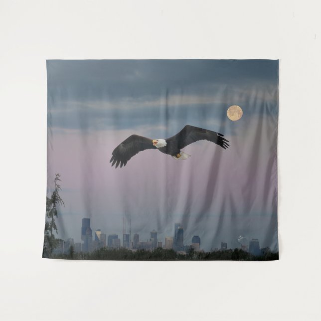 Tapiz Bald Eagle In Front Of Seattle and Moon (Anverso (horizontal))