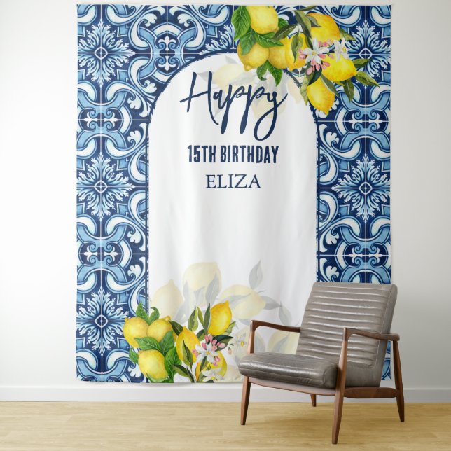 Tapiz Baldosas azules limones italianos Amalfi Feliz cum (In situ)