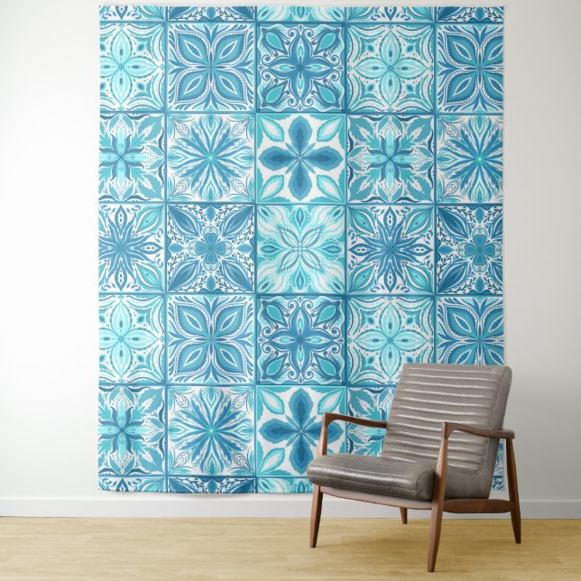 Tapiz Baldosas orgánicas en azul y blanco (In situ)
