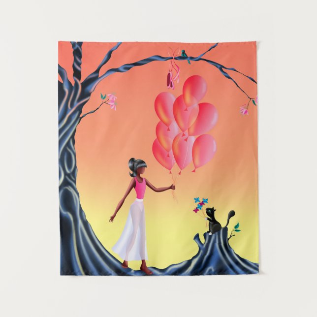 Tapiz Ballerina Cute y Gato en el árbol del atardecer (Anverso)