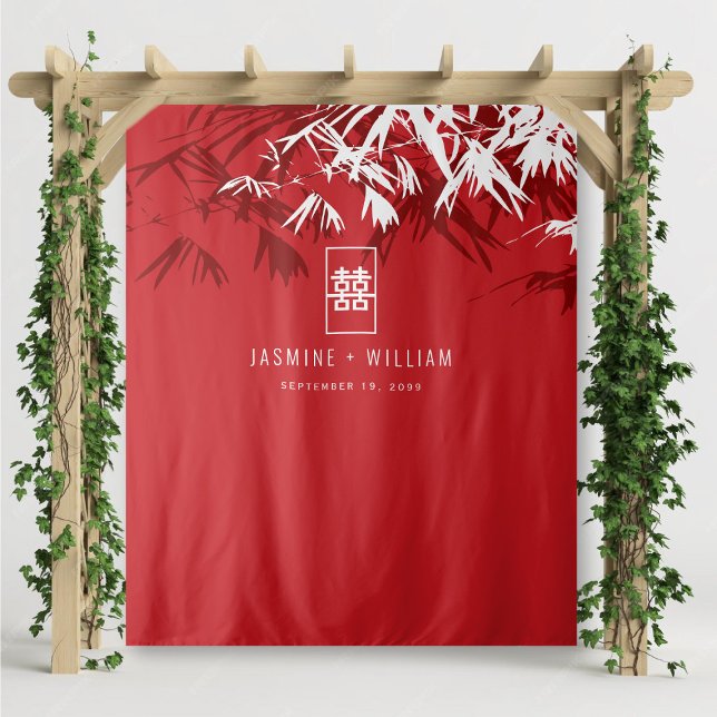 Tapiz Bambú rojo y blanco deja el telón de fondo Boda ch (Red & White Bamboo Leaves Double Happiness, Chinese Wedding Backdrop Tapestry @ fatfatin_red_knot)