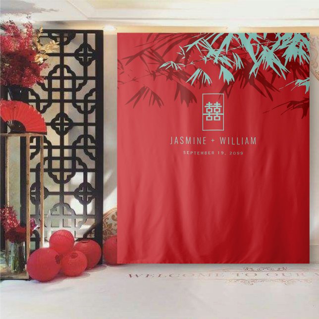 Tapiz Bambú turquesa deja el telón de fondo del Boda chi (Red & Turquoise Bamboo Leaves, Double Happiness Chinese Wedding Backdrop Tapestry @ fatfatin_mini_me)