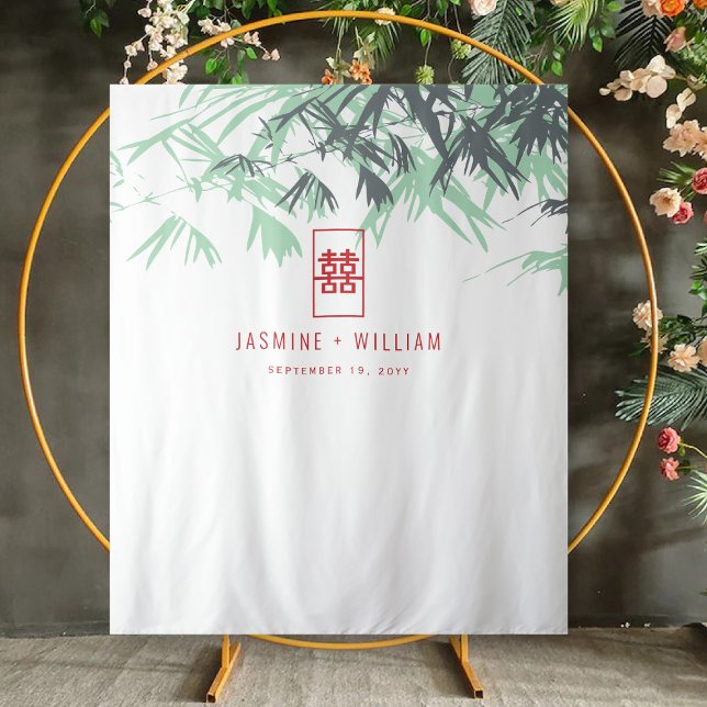 Tapiz Bambú verde suave deja el telón de fondo de un Bod (Mint Green Zen Bamboo Leaves Double Happiness, Chinese Wedding Backdrop Tapestry @ fatfatin_red_knot)
