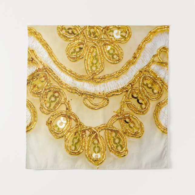 Tapiz Banda dorada de encaje amarillo. Textura de fondo, (Anverso)