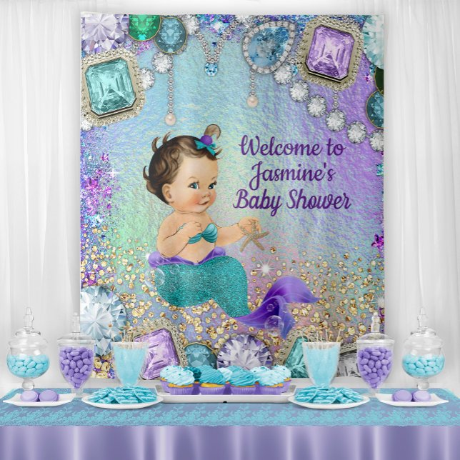 Tapiz Bandera de baby shower de sirena de joyas (You can change the text, font style, font color as needed for your event.)