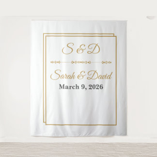 Tapiz Bandera de boda minimalista con borde dorado