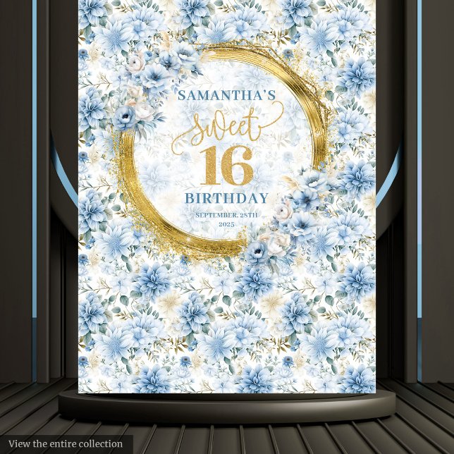 Tapiz Bandera de brillo dorado Pastel Chic Azul Cumple D (Chic Pastel Blue Sweet Sixteen Gold Glitter Banner Tapestry)
