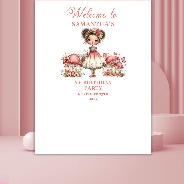 Tapiz Bandera de Cumpleaños de Niña de Flores Rosadas de (Whimsical Fairy Pink Flowers Girl Birthday Tapestry)