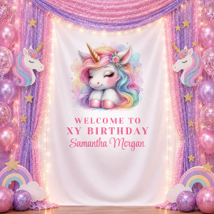 Tapiz Bandera de Cumpleaños de Niña Unicornio Rosa Capri