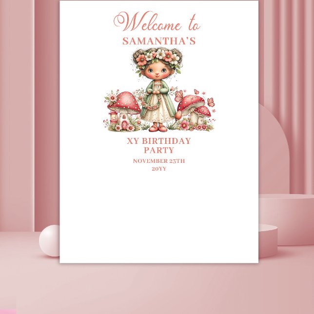 Tapiz Bandera de Cumpleaños Floral Rosa con Rubor de Had (Magical Fairy Blush Pink Floral Birthday Banner)