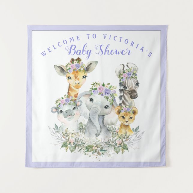 Tapiz Bandera de fondo para baby shower Safari púrpura  (Anverso)