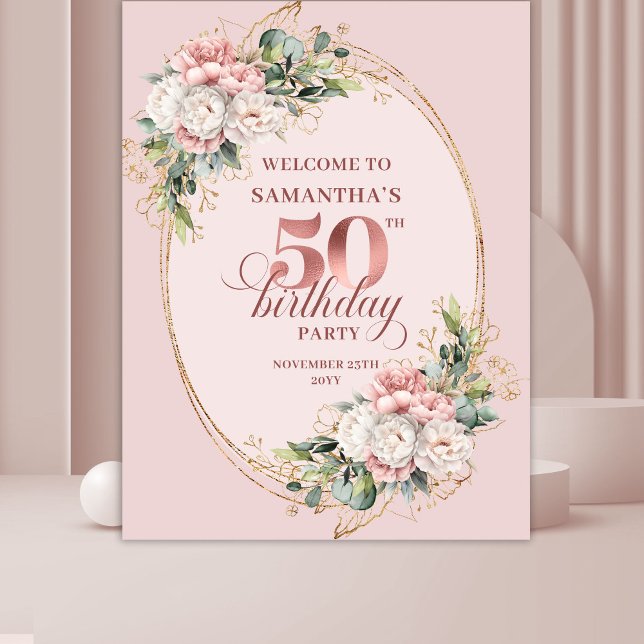 Tapiz Bandera de Fotos de Cumpleaños 50 con Clásico Rosa (Classic Rose Gold Blush 50th Birthday Photo Banner)