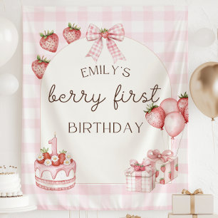 Tapiz Bandera de primer cumpleaños de Berry rosa fresa