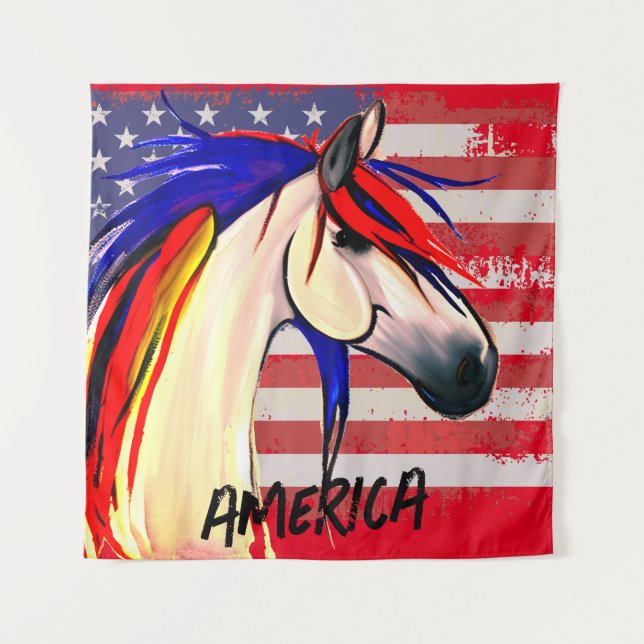 Tapiz Bandera Patriótica Americana Caballo Blanco y Azul (Anverso)