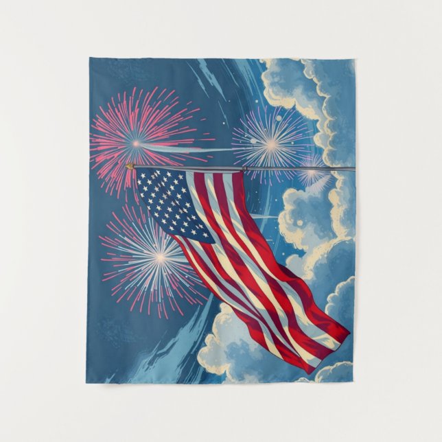 Tapiz Bandera Patriótica Americana con fuegos artificial (Anverso)