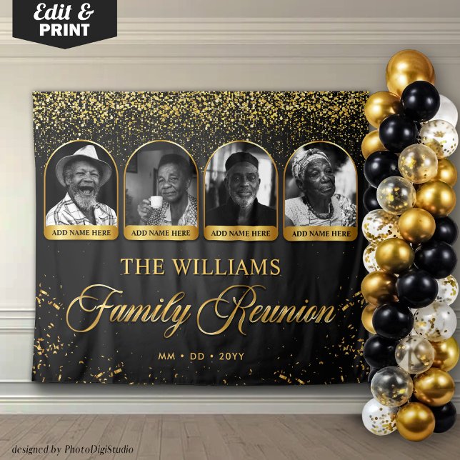 Tapiz Bandera personalizada para reunión familiar, 4 fot (Custom Family Reunion Banner, 4 Photo Black Gold Tapestry)