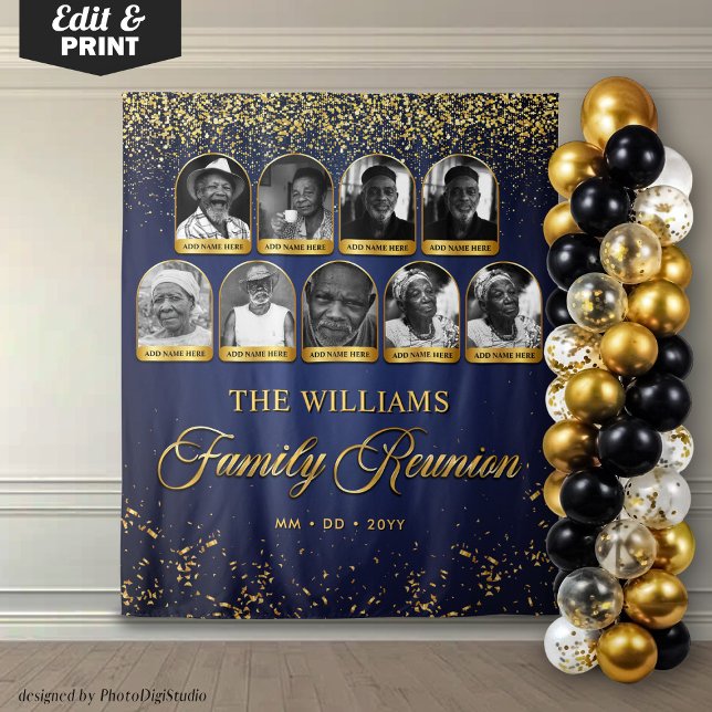 Tapiz Bandera personalizada para reunión familiar, 9 fot (Custom Family Reunion Banner, 9 Photo Blue Gold Tapestry)