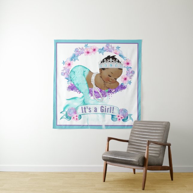 Tapiz Banderas de fondo de Baby Shower de sirena étnica (In situ)