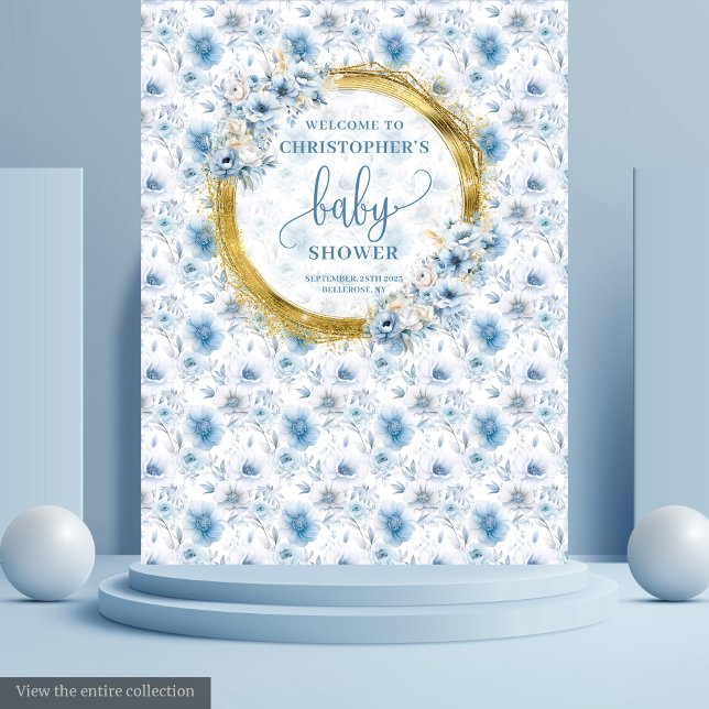 Tapiz Banderín de bienvenida para baby shower de flores  (Dainty Pastel Blue Gold Floral Baby Shower Banner Tapestry)