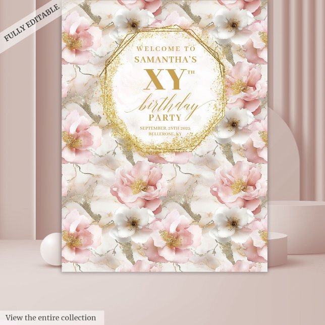 Tapiz Banderín de celebración de cumpleaños floral de ru (Fabulous Blush Floral Birthday Celebration Banner Tapestry )