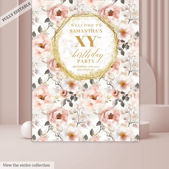 Tapiz Banderín de Cumpleaños con Polvo Glamuroso Floral  (Glamorous Dusty Pink Floral Birthday Party Banner Tapestry)