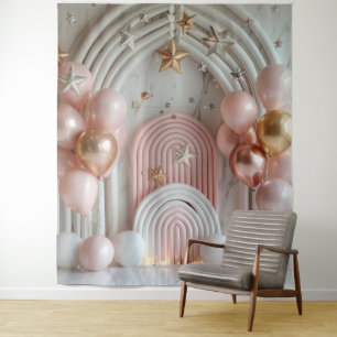 Tapiz Banderín de fiesta de fotos con globos rosados y e