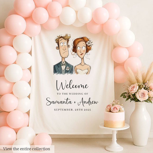 Tapiz Banner boda acuarela Novedades Pareja Quirky (Wedding Banner Watercolor Newlyweds Quirky Couple Style)