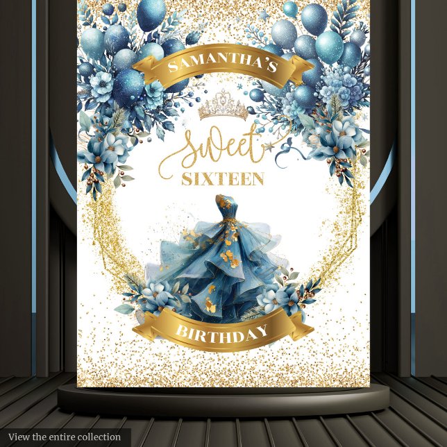 Tapiz Banner de 16 Fiestas con globo azul dorado (Blue Gold Watercolor Balloon Sweet 16 Party Banner)
