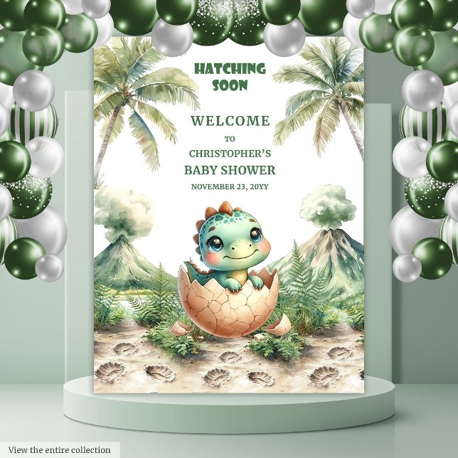 Tapiz Banner de Baby Shower de Cute Dinosaur Hatching (Cute Dinosaur Hatching Soon Baby Shower Banner)