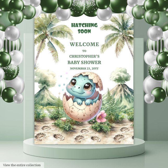 Tapiz Banner de Baby Shower de los dinosaurios azules qu (Blue Dinosaur Baby Shower Banner Hatching Soon)