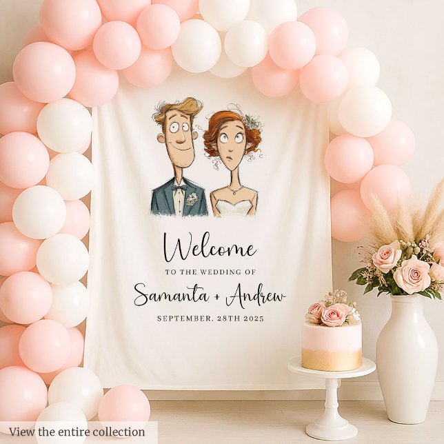 Tapiz Banner de color de agua para novia y Boda de Groom (Watercolor Bride and Groom Wedding Banner Quirky)
