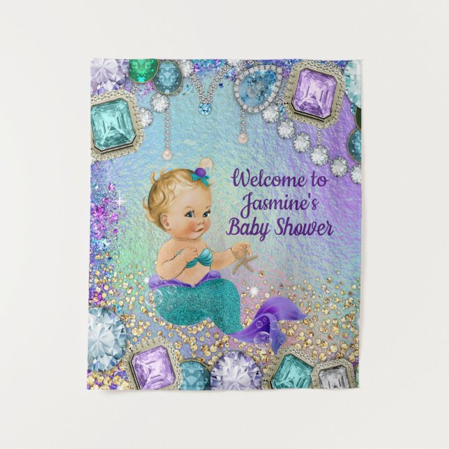 Tapiz Banner de fondo de Jewel Mermaid Baby Shower (Anverso)