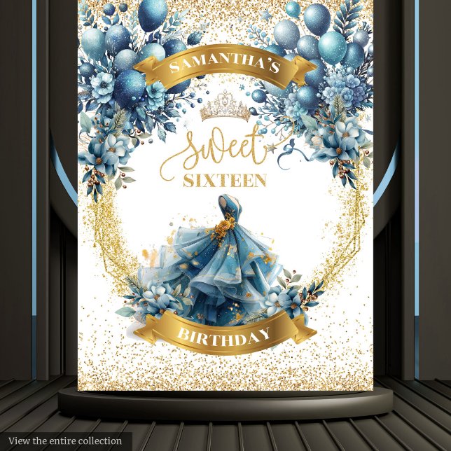 Tapiz Banner de globo acuático azul dorado dulce de diec (Watercolor Blue Gold Sweet Sixteen Balloon Banner Tapestry)
