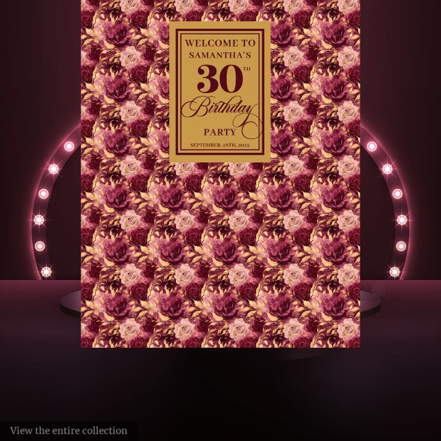 Tapiz Banner de la fiesta de cumpleaños de moda Borgoña  (Chic Burgundy Blush Gold 30 Birthday Party Banner Tapestry)
