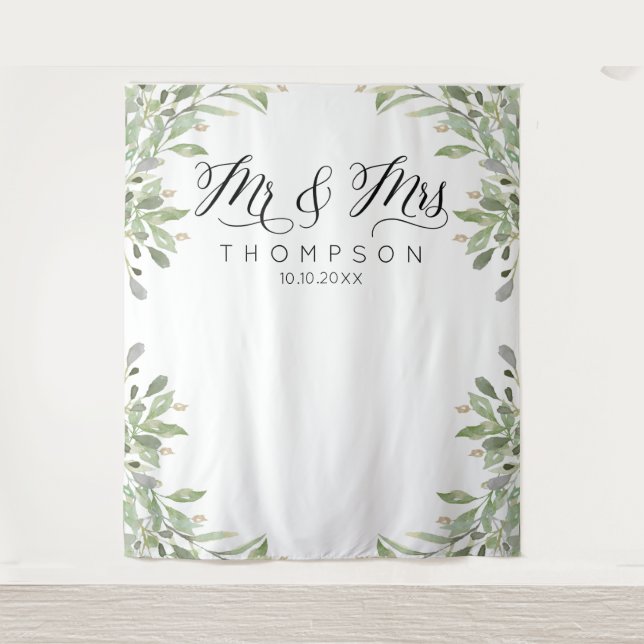 Tapiz Banner del Sr. y la Sra. Greenery boda (Anverso)