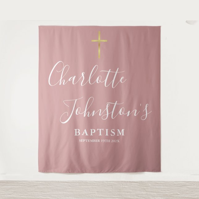 Tapiz Baptism Christening Dusty Rose Pink Photo Backdrop (Anverso)