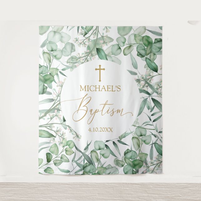 Tapiz Baptism Eucalyptus greenery backdrop banner (Anverso)
