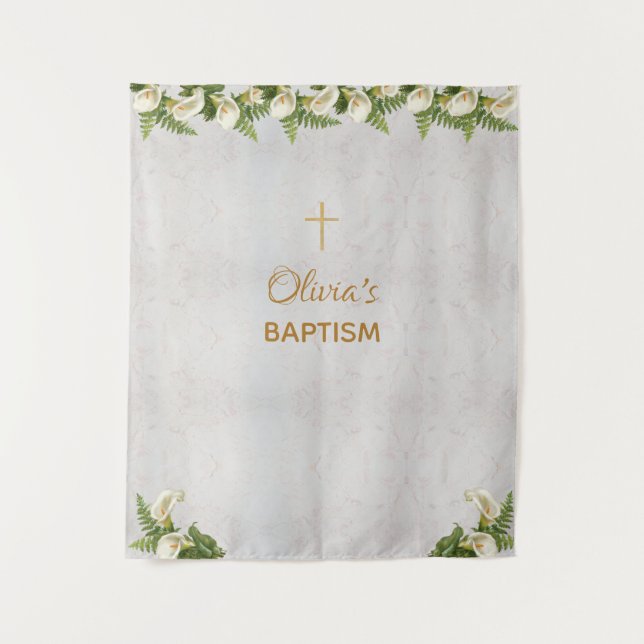 Tapiz Baptismo fondo Marble Gold Cross Calla Lilies (Anverso)
