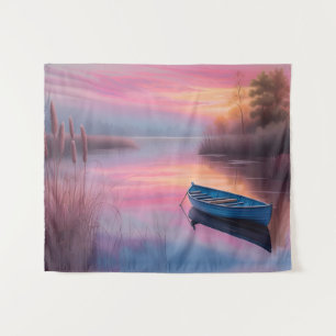 Tapiz Barca azul rústica reflejo de cielos rosados
