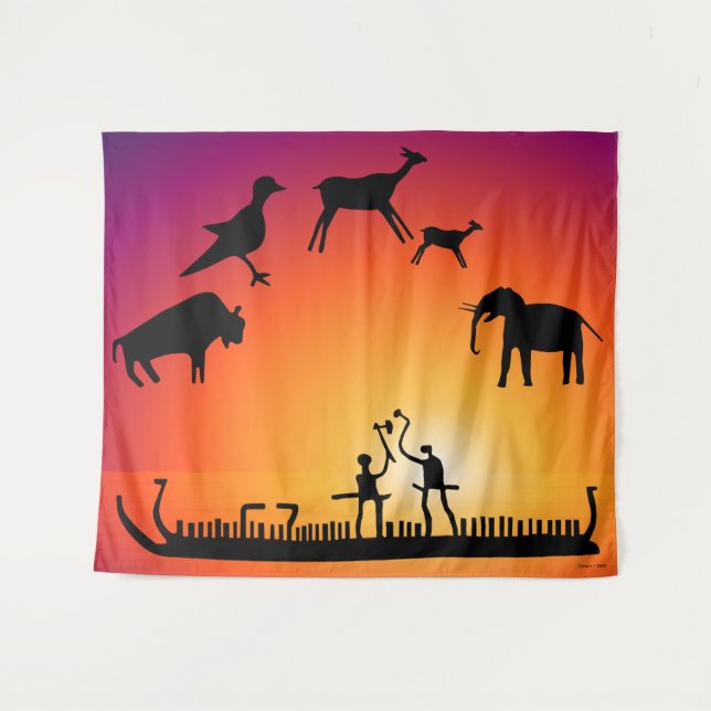 Tapiz Barco visero prehistórico de petroglifos (Anverso (horizontal))